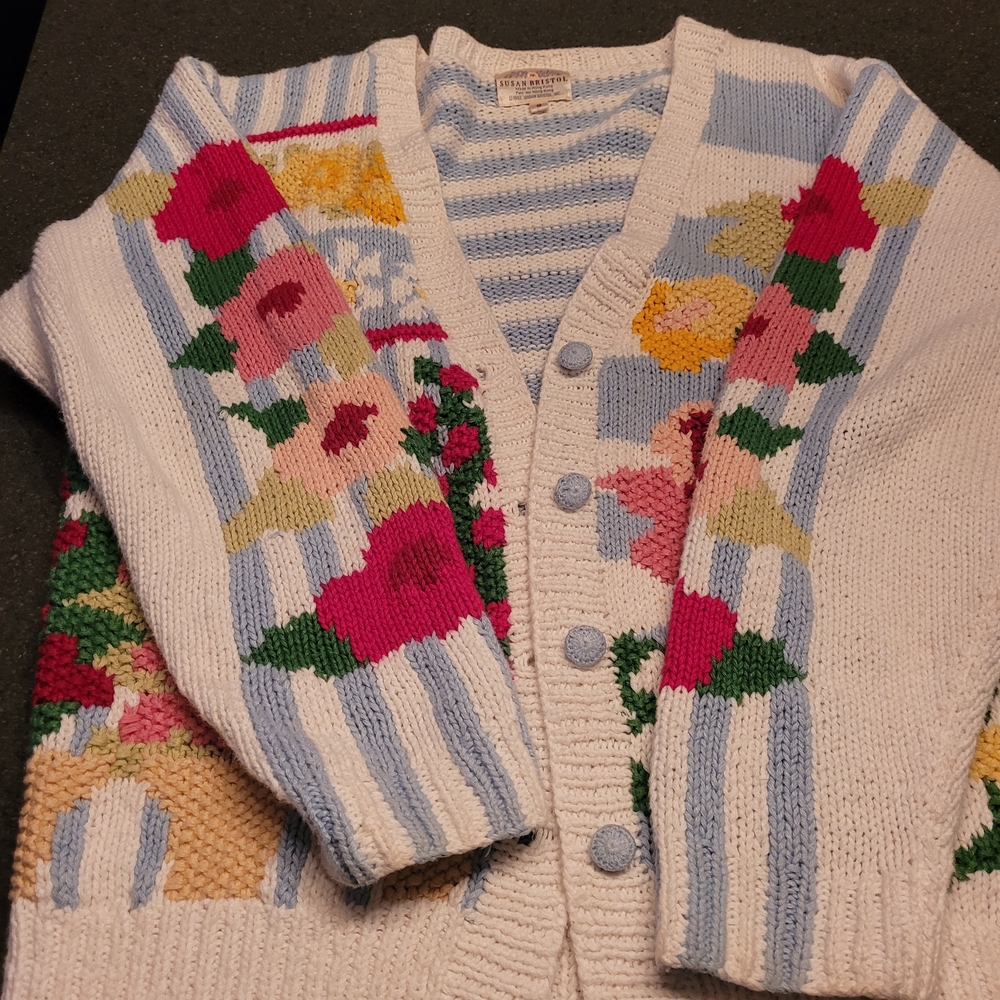Susan Bristol Blue and White Knit Cardigan - Picture 2 of 4